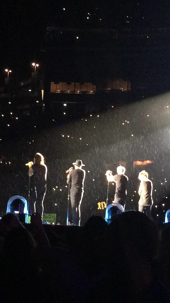 One Direction members onstage in the rain